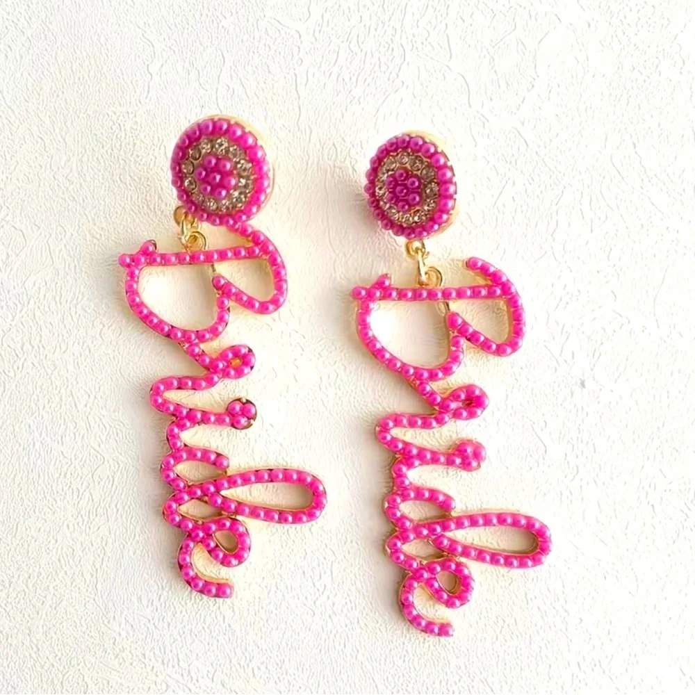 Pink Bride Earrings Graphic Hot Pink & White with Rice Beads